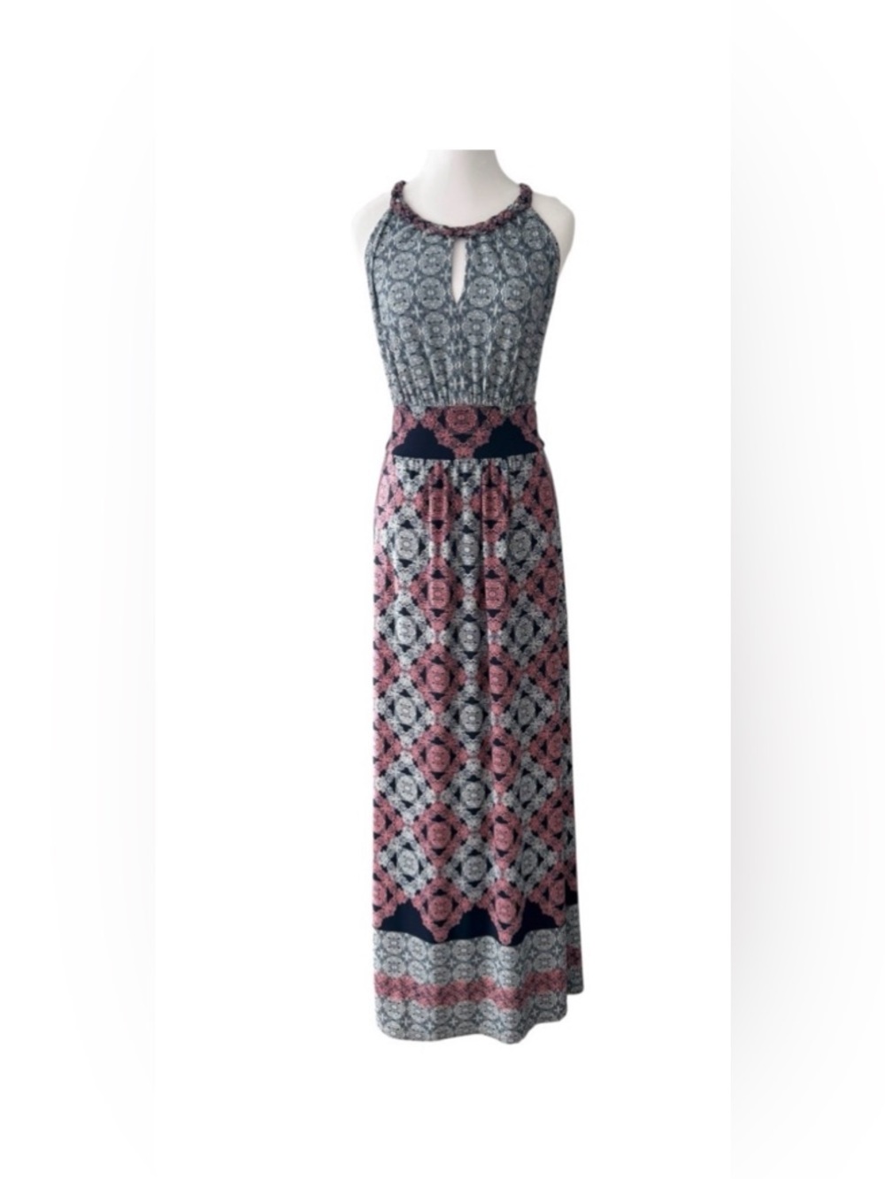 Sleeveless Maxi Dress in Pink and Navy with Keyhole Neckline